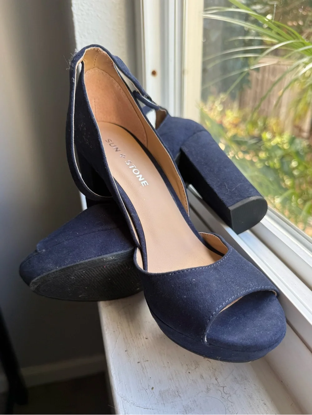 Nine West Navy Suede Peep-Toe Chunky Heel Sandals